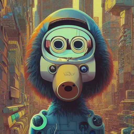 Image similar to cheburashka futurama furry cyberpunk apocalyptic portrait by gaston bussierre and charles vess and james jean and erik jones and rhads, inspired by rick and morty, epic, funny, huge scale, beautiful fine face features, intricate high details, sharp, ultradetailed