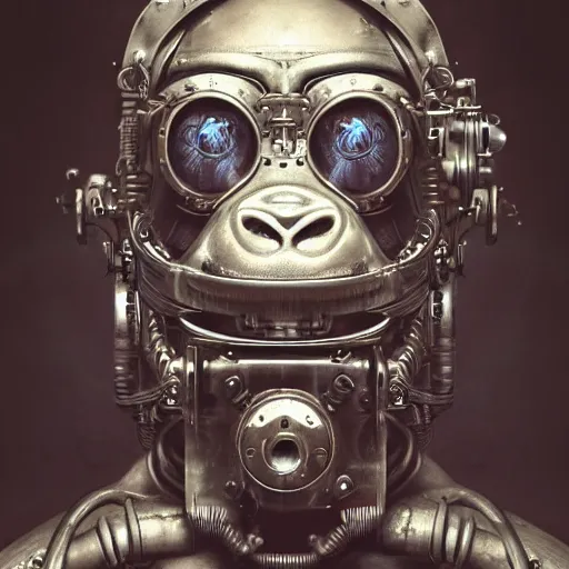 Image similar to a beautiful intricate fine art portrait photo of a a mechanical industrial steampunk cybernetic gorilla, by tom bagshaw and zach sutton, perfection!, milk bath photography, studio lighting, 35mm lens, very detailed, bionic, cybernetic scifi, deep depth of field, artstation, 8K, highly coherent