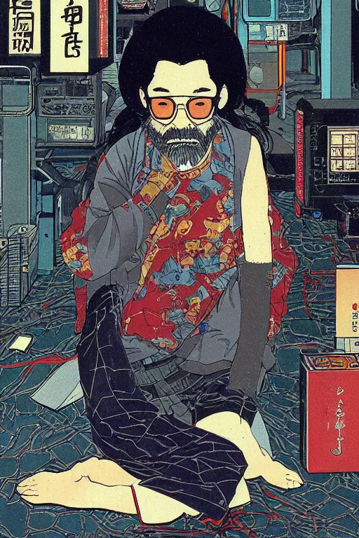 Image similar to awe-inspiring 1980s Japanese cyberpunk style illustration of a grandfather with a beard sitting on the floor by Masamune Shiro and Katsuhiro Otomo, studio ghibli color scheme, dark, complex