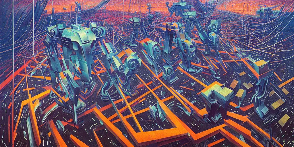 Image similar to Dynamism of a giant robot by Simon Stålenhag and Umberto Boccioni, oil on canvas