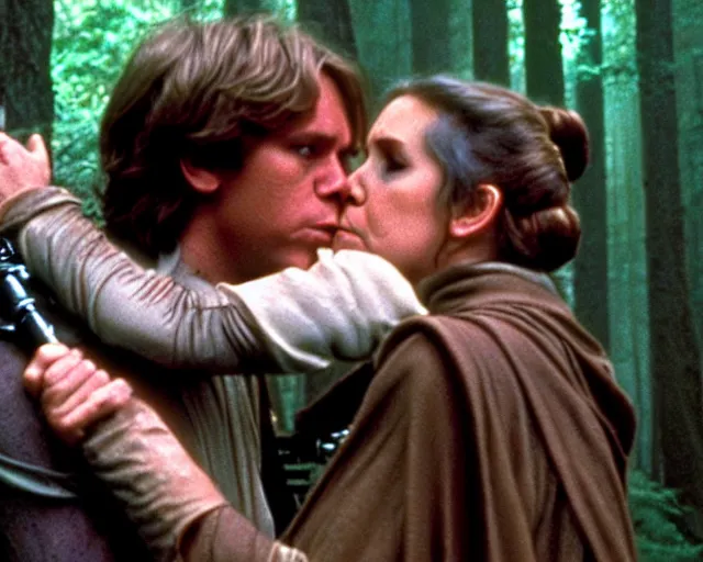 Image similar to luke skywalker, princess leia and han solo hugging and kissing in the forest of endor at the end of return of the jedi