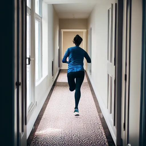 Image similar to a woman running down the hallway of her home, looking behind her