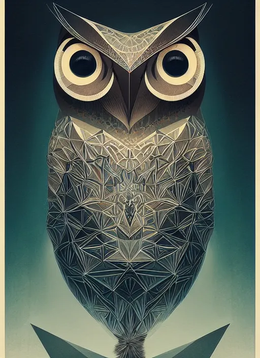 Image similar to portrait of a geometric owl, identical eyes, medium shot, illustration, full body made of white feathers, symmetrical, art stand, super detailed, cinematic lighting, and its detailed and intricate, gorgeous, by peter mohrbacher