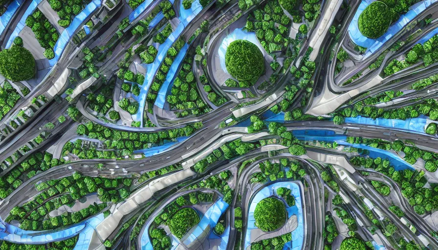 Image similar to roundabout green city with streets, blue buildings, water, highways, stadium, airport, hyperdetailed, artstation, cgsociety, 8 k