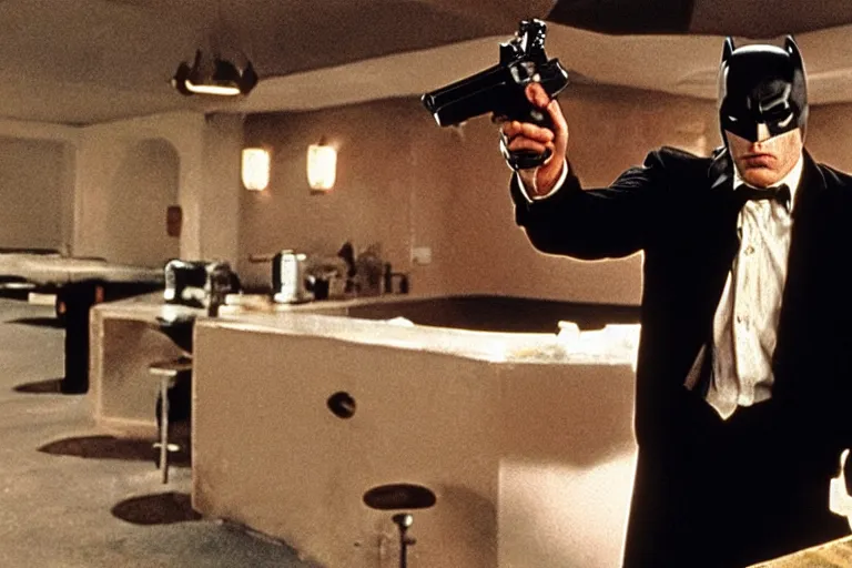 Prompt: film still of batman in pulp fiction.