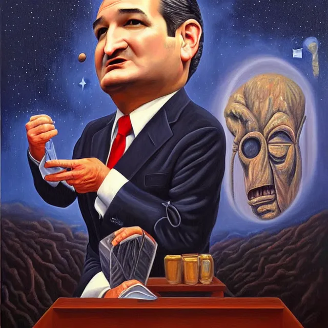 Prompt: an oil on canvas portrait painting of ted cruz doing a speech about the republican party, surrealism, surrealist, cosmic horror, rob gonsalves, high detail