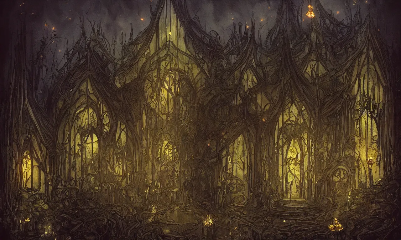Prompt: an eerie haunted house with intricate art nouveau style, candles floating around with fireflies and hyper detailed dark stained glass windows, dark tones and candlelight, concept art, matte, sharp focus by Anato Finnstark and Quentin Mabille, trending on Artstation