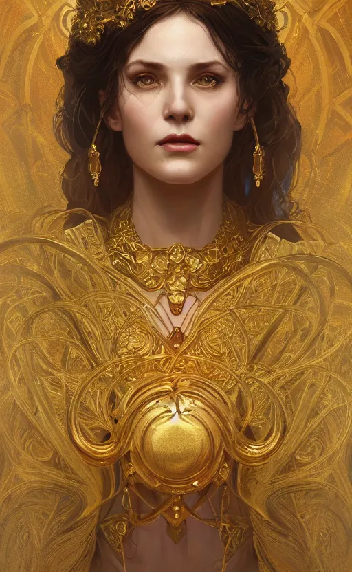 Prompt: portrait of circe, greek mythology, goddess, golden crown and outfit, intricate, headshot, highly detailed, digital painting, artstation, concept art, sharp focus, cinematic lighting, illustration, art by artgerm and greg rutkowski, alphonse mucha, cgsociety