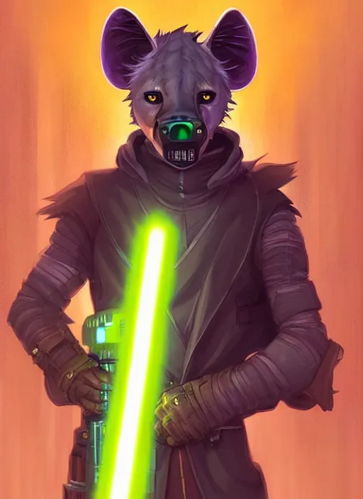 Prompt: beautiful portrait commission of a male furry anthro hyena fursona wearing cyberpunk jedi robes and wielding a yellow lightsaber in a cyberpunk city at night in the rain. character design by charlie bowater, ross tran, artgerm, and makoto shinkai, detailed, inked, western comic book art