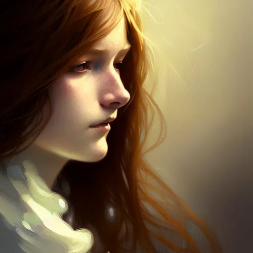 Image similar to portrait of a scottish teenage girl with dark blonde hair, glowing skin, delicate features, nerdy, fantasy, intricate, elegant, dress shirt, highly detailed, digital painting, artstation, concept art, smooth, sharp focus, illustration, art by Krenz Cushart and Artem Demura and alphonse mucha