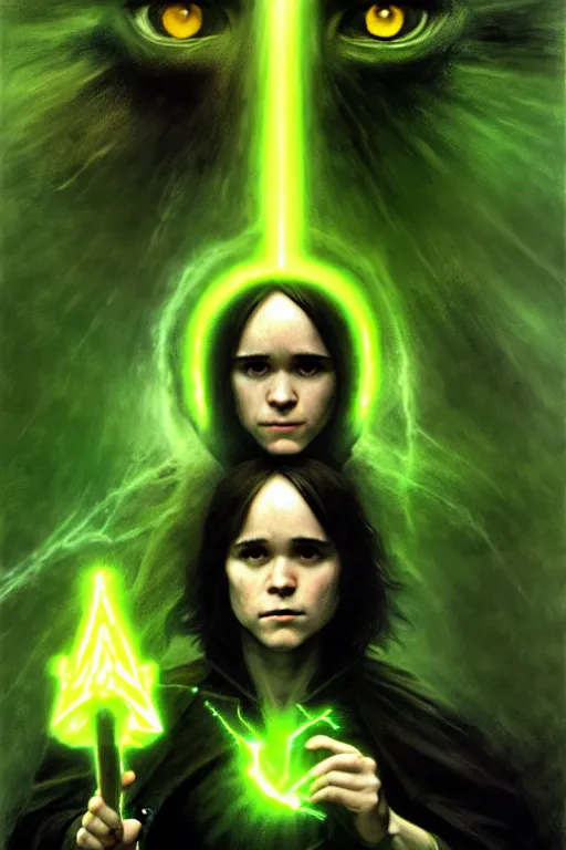 Image similar to ellen page as a dark sorceress with yellow glowing eyes casting a green spell, green lighting, fantasy character portrait, ultra realistic, concept art, intricate details, highly detailed by james bama, william adolphe bouguereau and frank frazetta