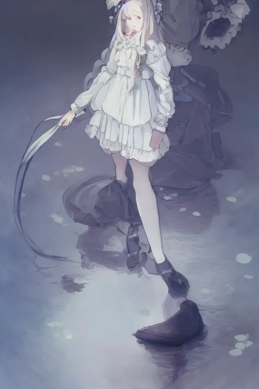 Image similar to a character design of a young lolita dressed girl, full body, grey and blue theme, wavy white long hair by krenz cushart and mucha and akihito yoshida and makoto shinkai and greg rutkowski, 4 k resolution