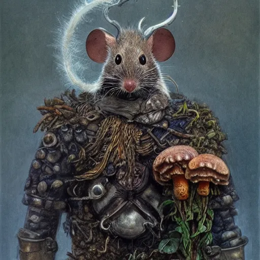 Image similar to detailed realistic body portrait of a mouse druid in full plate ceremonial armor, covered in fungus and mushrooms, decayed plant matter, leaves, by Gerald Brom and Alan Lee, ArtStation