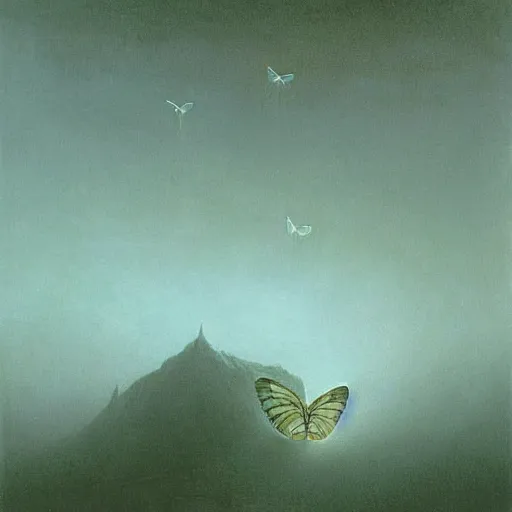 Prompt: A beautiful illustration of a white butterfly fluttering away, into bright light. icy by Jean-Leon Gerome, by Zdzisław Beksiński brightvibrant, sad