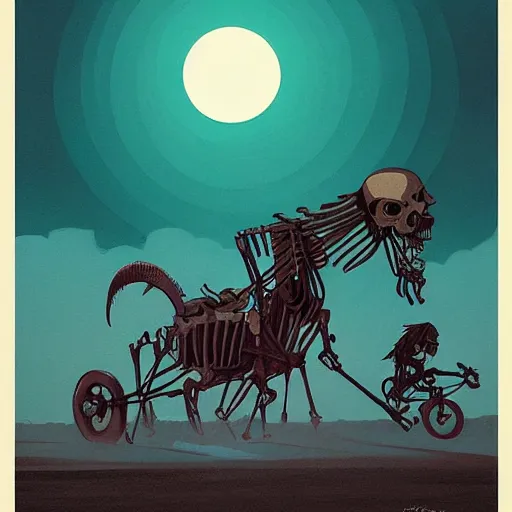 Image similar to The drawing features a human figure driving a chariot. The figure is skeletal and frail, with a large head and eyes. The chariot is pulled by two animals, which are also skeletal and frail. in the Central African Republic by Atey Ghailan unified