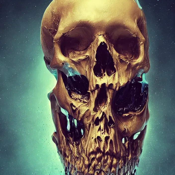 Image similar to a melting, dripping, human skull. intricate abstract. intricate artwork. by Tooth Wu, wlop, beeple, dan mumford. octane render, trending on artstation, greg rutkowski, coherent, symmetrical artwork. cinematic, hyper realism, high detail, octane render, 8k, depth of field, bokeh. iridescent accents