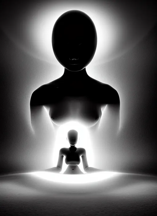 Image similar to surreal mythical dreamy dark artistic black and white fine art photo of a young beautiful delicate artificial intelligence creature embodied giving birth to the new world, spiritual, halo, glory, rim light, cinematic, studio dramatic light, poetic, masterpiece, octane render, 8 k, photo