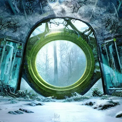 Image similar to frozen derelict portal in a middle of a snowy lush futuristic forest, green lush world seen only through a portal, daylight, cinematic lighting, blue sky, syd mead, john harris