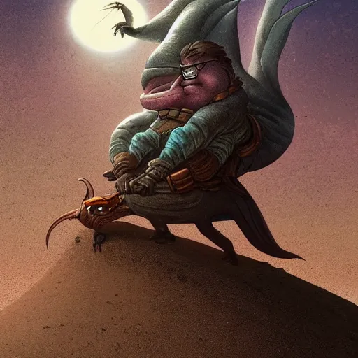 Image similar to peter griffin riding on the back of a worm from ( dune ), fantasy art, landscape art, in the style of greg rutkowski, illustration, epic