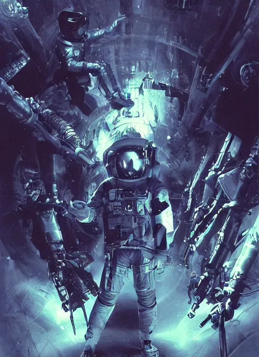 Image similar to astronauts in dark void underwater - complex and hyperdetailed technical suit. reflection and dispersion materials. rays and dispersion of light. volumetric light. f / 3 2. noise film photo. flash photography. ultra realistic, wide angle. poster by wayne barlowe, hajime sorayama aaron horkey, craig mullins