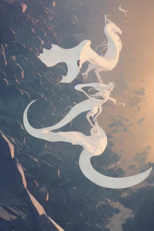 Image similar to vanishing point, white hair eva riding on the white dragon's neck ready to fight, by victo ngai and makoto shinkai, partner, global illumination, radiant light, minimalist, unreal engine 5, concept art ，, digital painting, artstation, smooth, sharp foccus, artstation hq