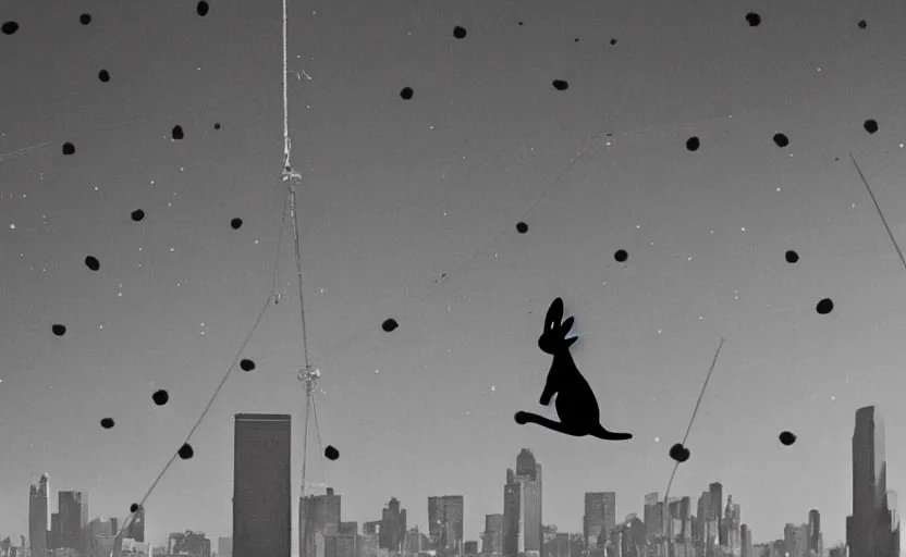 Image similar to a photo of a black bunny with white spots walking on a tightrope between the twin towers