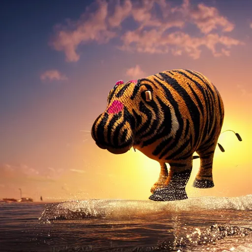 Image similar to a closeup photorealistic photograph of a cute smiling knitted tiger hippopotamus chasing a beachball at sunset. surf in the background. professional capture. this 4 k hd image is trending on artstation, featured on behance, well - rendered, extra crisp, features intricate detail, epic composition and the style of unreal engine.