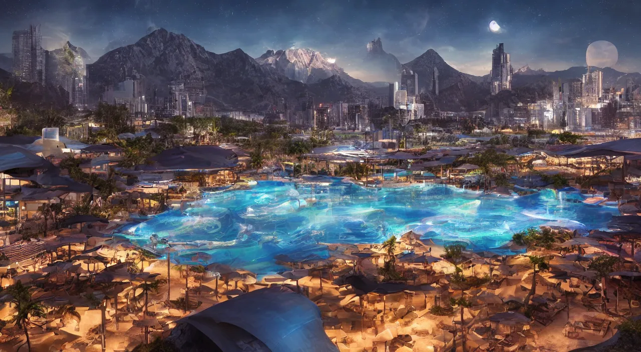 Prompt: !dream Resort pool during midnight, with the mountains and futurisitc city in the background, science fiction matte painting, highly detailed,