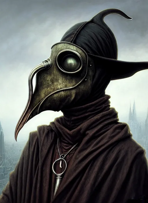 Image similar to closeup portrait shot of a plague doctor in a scenic dystopian environment, intricate, elegant, highly detailed, centered, digital painting, artstation, concept art, smooth, sharp focus, illustration, artgerm, tomasz alen kopera, peter mohrbacher, donato giancola, joseph christian leyendecker, wlop, boris vallejo