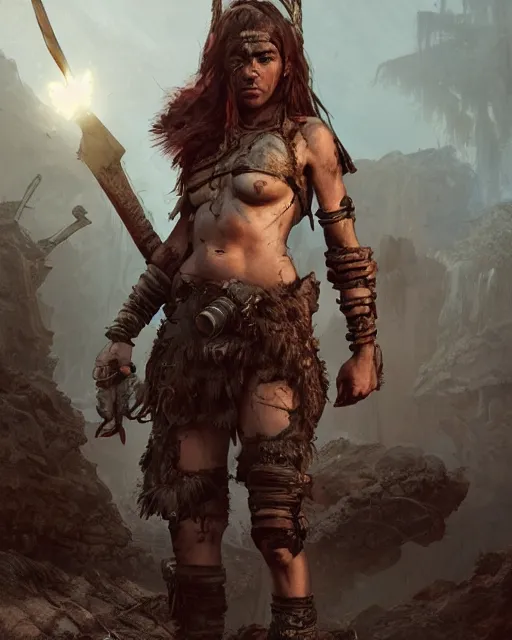 Image similar to hyper realistic photo of postapocalyptic barbarian warrior girl, full body, cinematic, artstation, cgsociety, greg rutkowski, james gurney, mignola, craig mullins, brom