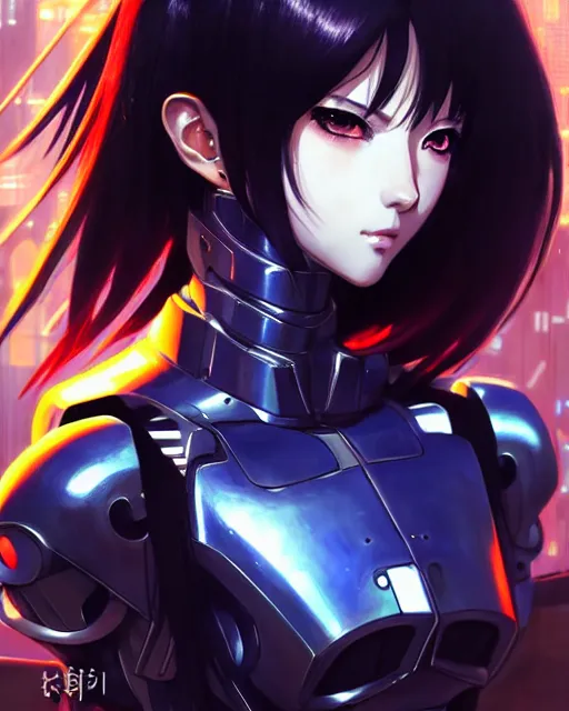 Image similar to portrait Anime Girl in mecha armor in night tokyo Sharp fine face pretty face, realistic shaded Perfect face, fine details. Anime. cyberpunk realistic shaded lighting by katsuhiro otomo ghost-in-the-shell, magali villeneuve, artgerm, rutkowski Jeremy Lipkin and Giuseppe Dangelico Pino and Michael Garmash and Rob Rey