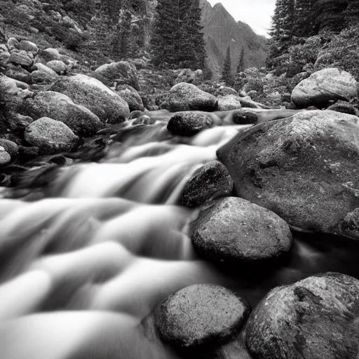 Prompt: beautiful mountains with a small stream full of trout, high detail, ansel adams