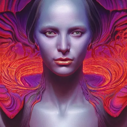 Prompt: A stunning portrait of a goddess, her body made of flames, by Wayne Barlowe and Jim Burns, 8K UHD, intricate, fantasy, Trending on artstation.