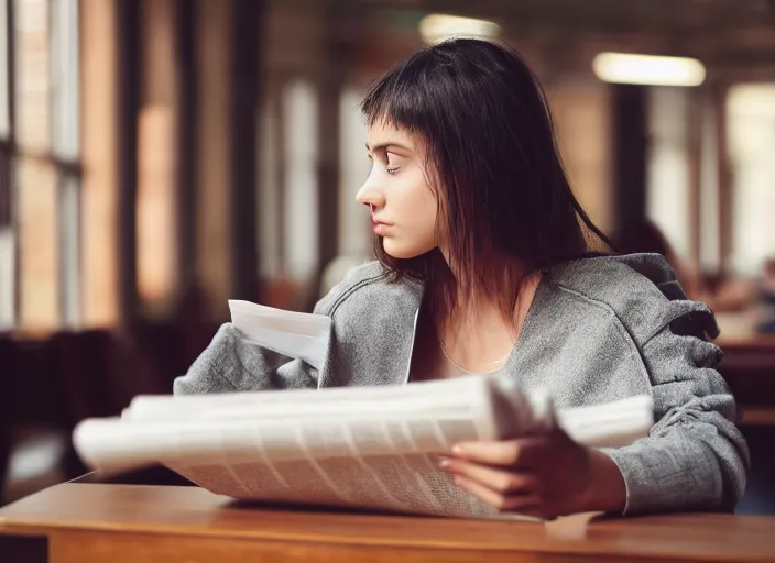 Prompt: film still. young woman. sitting at a table. reading a newspaper. in public cafeteria. extremely detailed. 4 k.