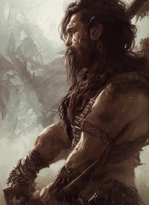 Prompt: realistic portrait painting of a male fantasy barbarian warrior, old mystic ruins, afternoon, intricate, elegant, highly detailed, digital painting, sharp, focus, by artgerm and greg rutkowski