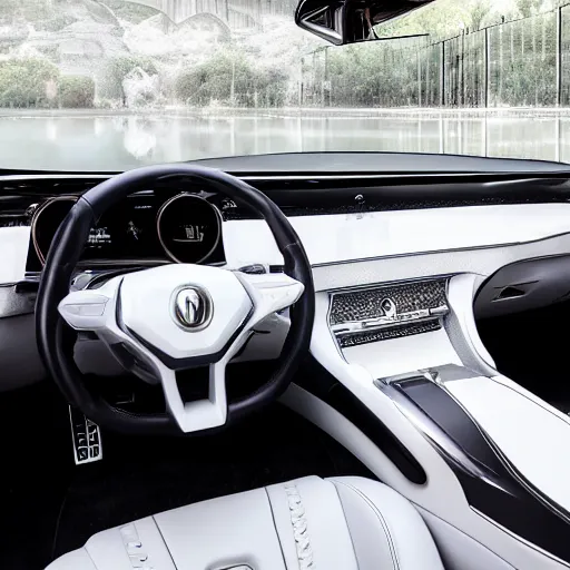 Image similar to cinematic photoshoot of clean modern hand crafted super futuristic tech luxury car interior pro display xpr luxury smooth color metal white silver with black leather padding well design ultrareallistic detailed high quality 8 k photorealistic ultra realistic