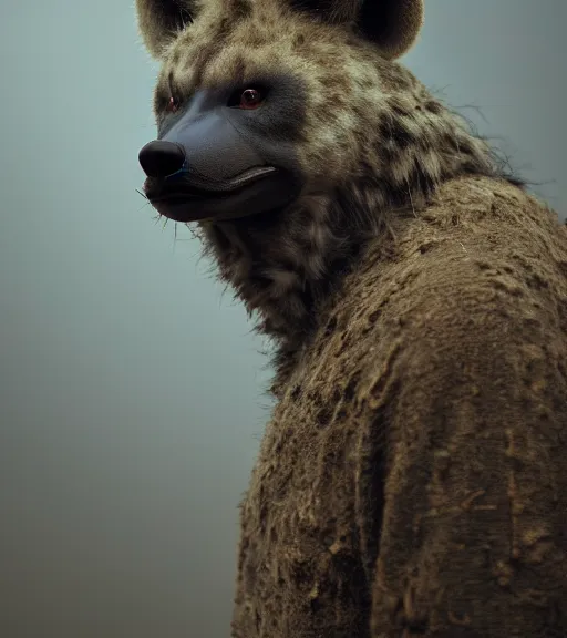 Image similar to foggy dirt road portrait of moderately stocky furry anthro anthropomorphic spotted hyena head animal person fursona wearing clothes horror gloomy digital art bokeh depth of field photo by Greg Rutkowski, Simon Stalenhag, christopher nolan trending on Artstation, CGSociety