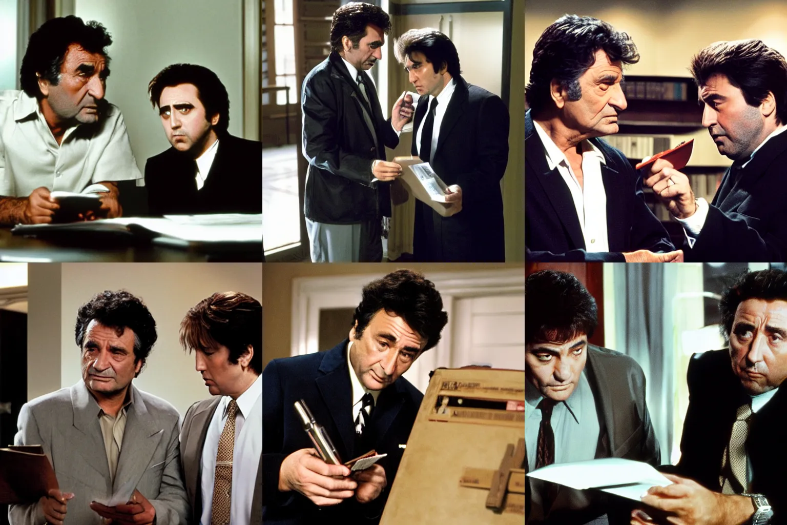 Prompt: Lieutenant Columbo (Peter Falk) investigates the Death Note and questions Yagami Light (Nic Cage)