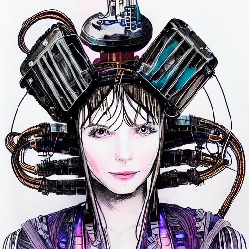 Prompt: scifi portrait of a girl wearing a strange mechanical hat covered in loose wires, black pen and water color, by Terada Katsuya