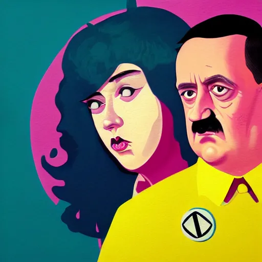 Prompt: colorful and festive cute female young plus size mike patton and hitler with tan skin, clear sharp todd solondz face, wearing yellow floral blouse. full body, rich vivid pastel colors, ambient lighting, dynamic lighting, 4 k, atmospheric lighting, painted, intricate, highly detailed by charlie bowater