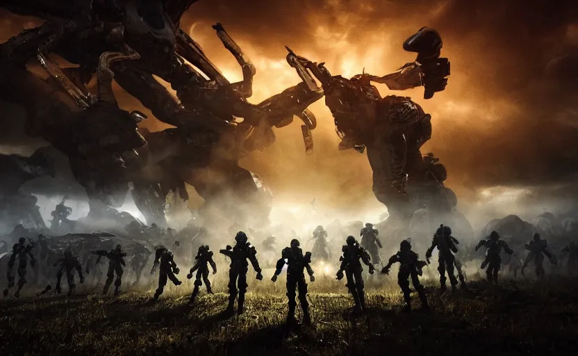 Prompt: an epic extraterrestrial battle on earth, in the style of starship troopers, epic scene, extremely detailed masterpiece, extremely moody lighting, glowing light and shadow, atmospheric, shadowy, cinematic, god lighting