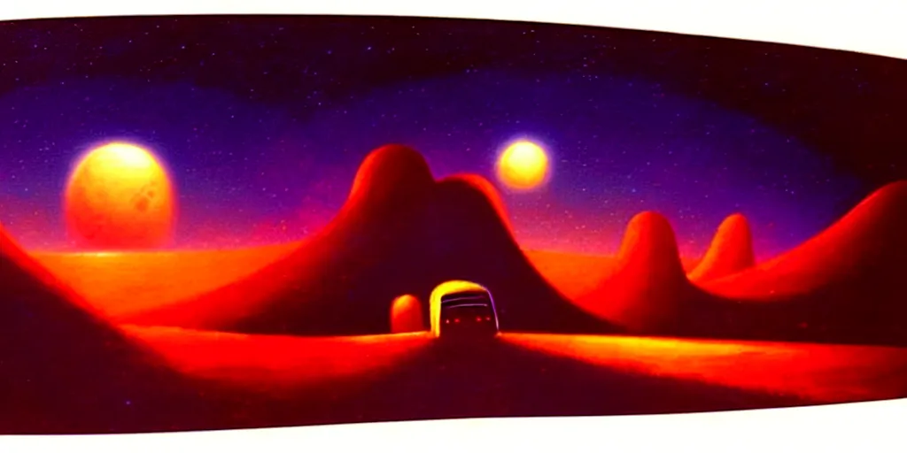 Image similar to a curved perspective cartoon paul lehr narrow night landscape with farawaymountains