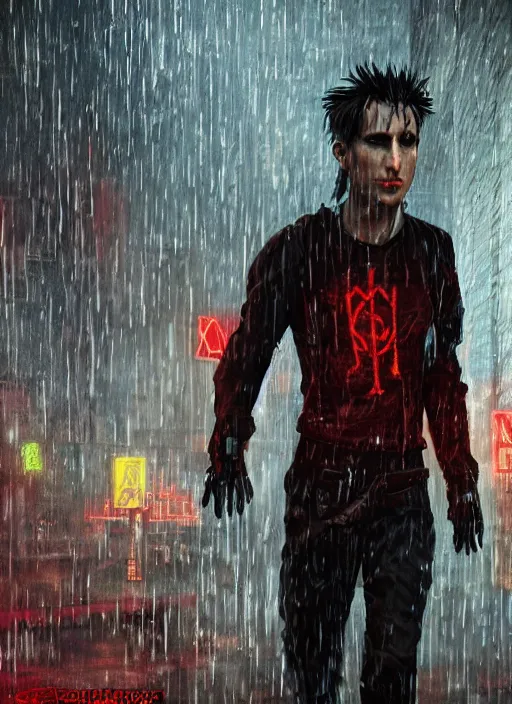 Image similar to An epic fantasy comic book style full body portrait painting of a very beautiful Industrial goth Trent Reznor walking in the rain, neon reflections in the rain puddles, character design by Mark Ryden and Pixar and Hayao Miyazaki, unreal 5, DAZ, hyperrealistic, octane render, cosplay, RPG portrait, dynamic lighting, intricate detail, cinematic