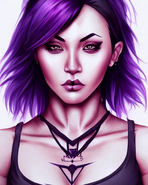 Image similar to cute female tattooist, perfect face, black halter top, purple hair, abs, cinematic, blush, stunning, athletic, strong, agile, highly detailed, smooth, hard focus, digital art, illustration, artstation