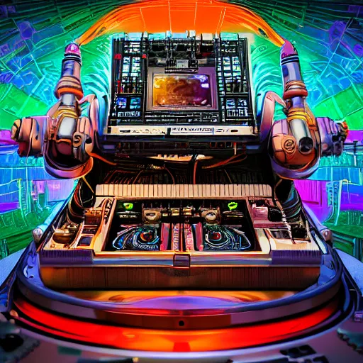 Image similar to album art, roborock, 3 steampunk spaced out robots on a dj desk with a cd mixer, 8 k, flourescent colors, halluzinogenic, multicolored, exaggerated detailed, front shot, 3 d render, octane