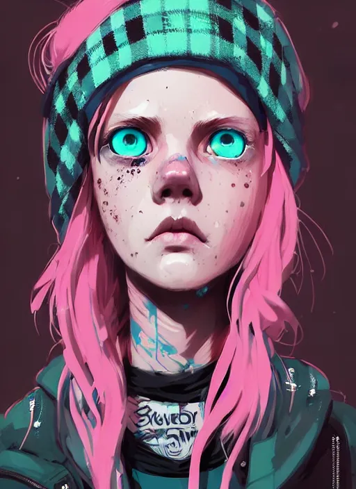Image similar to highly detailed portrait of a sewer punk lady student, blue eyes, freckles, tartan hoody, pink hair by atey ghailan, by greg rutkowski, by greg tocchini, by james gilleard, by joe fenton, by kaethe butcher, gradient green, black, brown and magenta color scheme, grunge aesthetic!!! ( ( graffiti tag wall background ) )