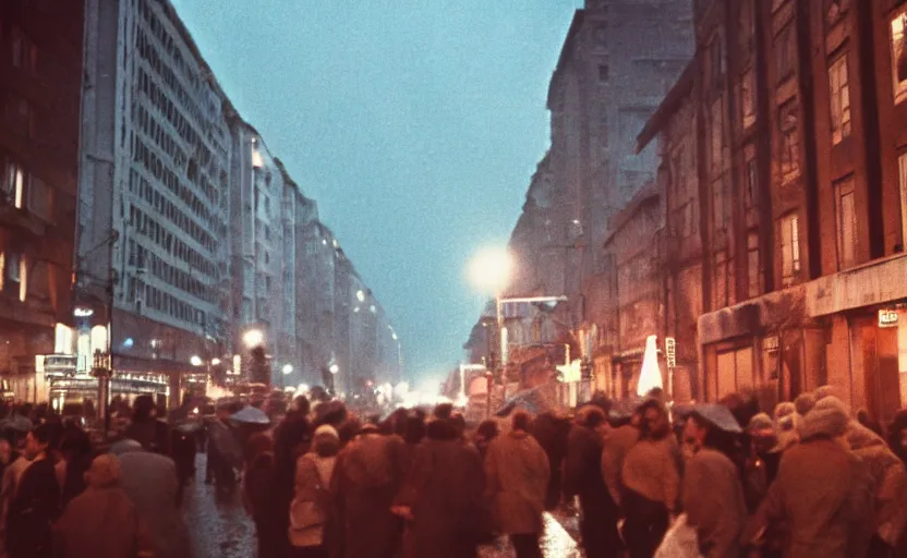 Image similar to 60s movie still of a sovietic street with many pedestrians with stalinist style highrise, Cinestill 800t 18mm, heavy grainy picture, very detailed, high quality, 4k panoramic, HD criterion, dramatic lightning, streetlight at night, rain, mud, foggy, soviet flags