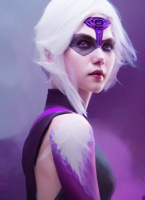 Image similar to a beautiful white - haired girl with purple eyes dressed as a superhero, intricate, elegant, highly detailed, digital painting, artstation, concept art, smooth, sharp focus, illustration, ethereal, misty, by ilya kuvshinov and jeremy mann, 8 k, octane render