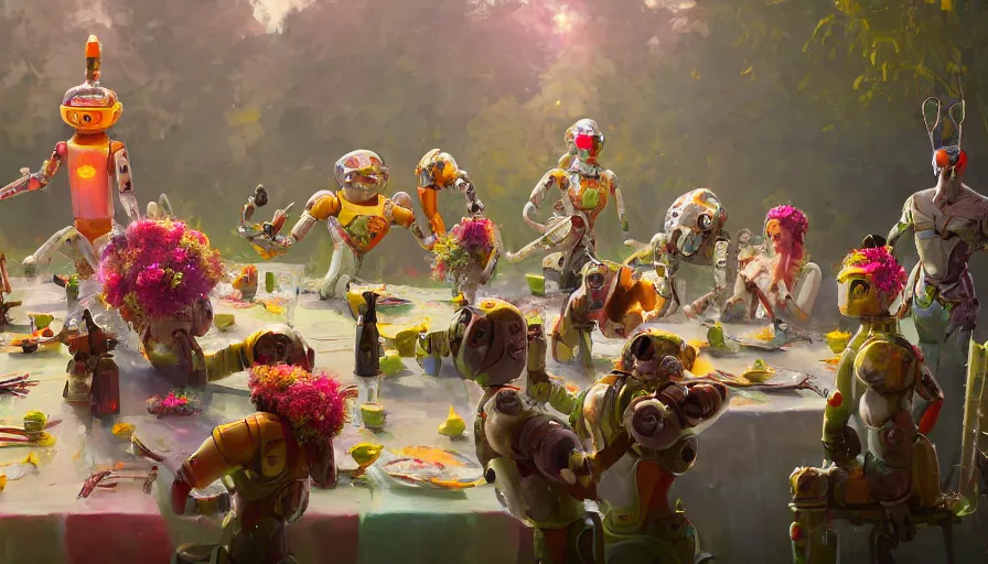 Image similar to a table dinner of robots where robots are dressed like the characters from the midsommar movie wearing flowers, realistic detailed digital art by maxwell boas jessica rossier christian dimitrov anton fadeev trending on artstation cgsociety rendered in unreal engine 4 k hq