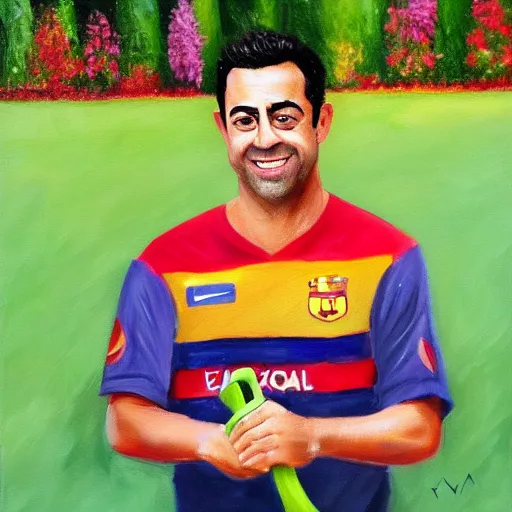 Image similar to high quality oil painting of Xavi Hernandez as a professional gardener posing for camera